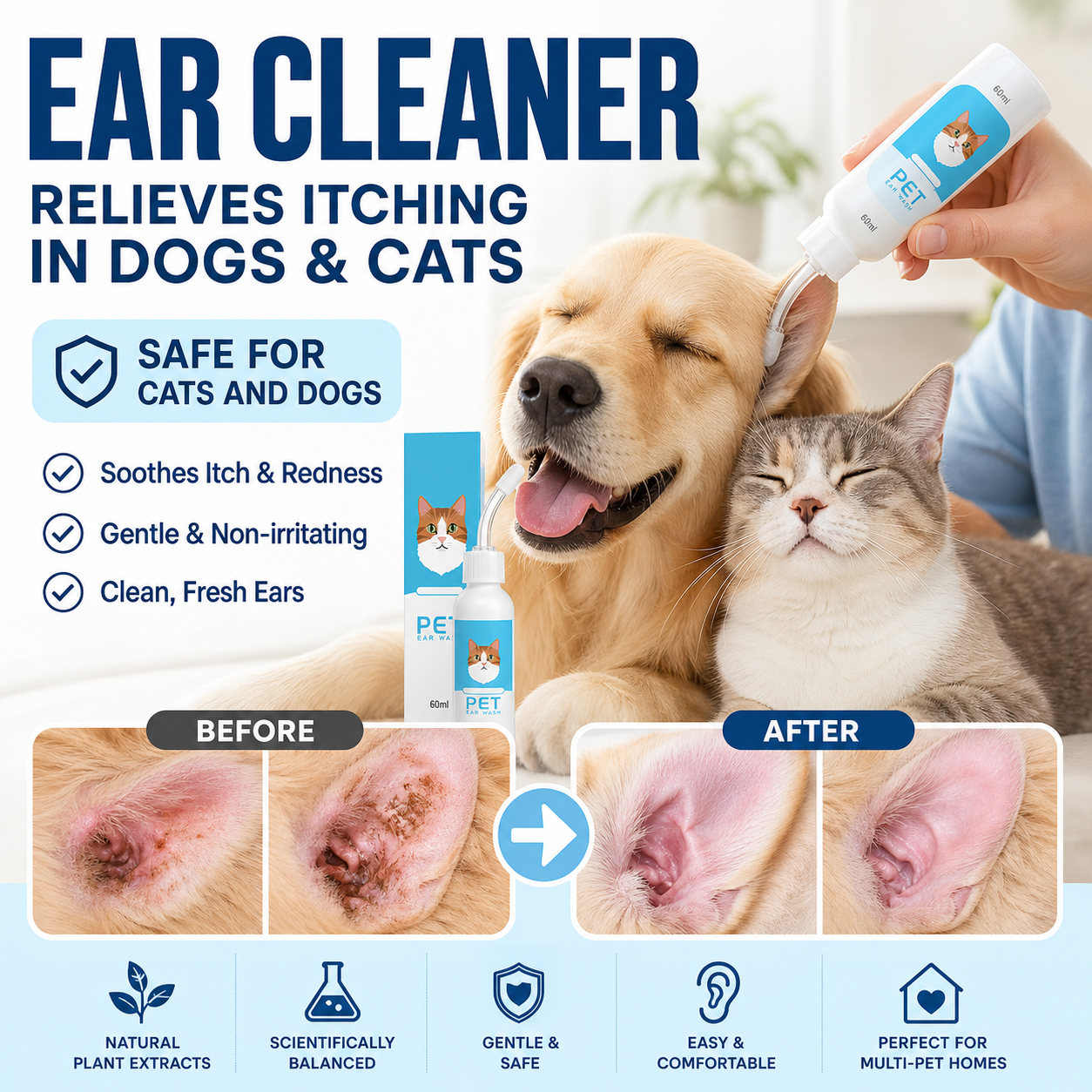 🐶🐱 Soluzione Detergente Auricolare per Cani e Gatti 🌿✨ - Estratti Naturali | Allevia il Prurito | Formula Delicata per Orecchie Sensibili