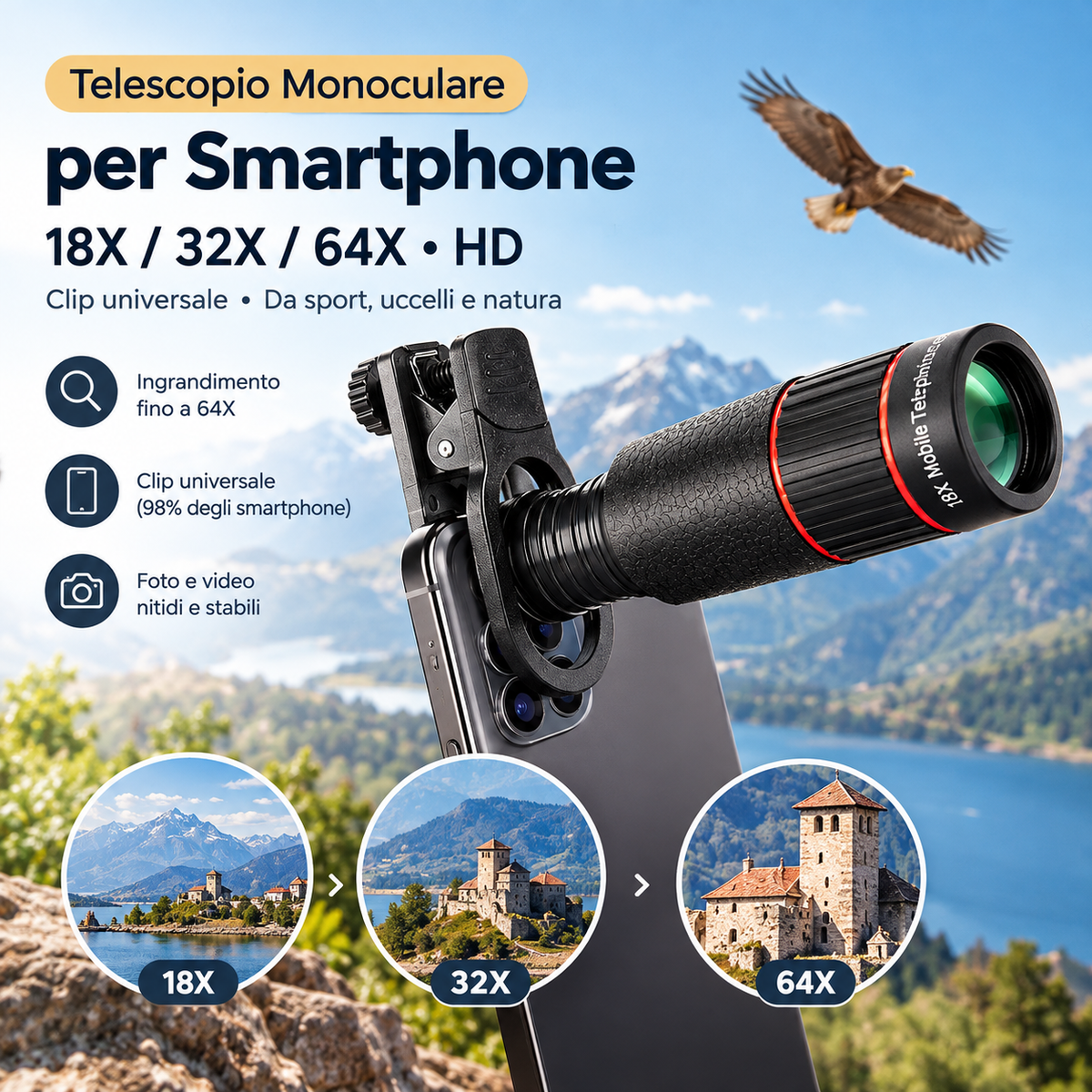 🔭✨ Telescopio monoculare per smartphone – Dì Addio alle foto sfocate di oggetti lontani! 🚫 18/32/64X HD, clip universale, ideale concerti e birdwatching 📱