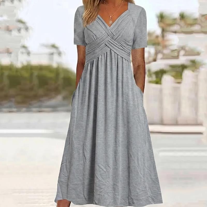 Abito lungo da donna con scollo a V e maniche corte