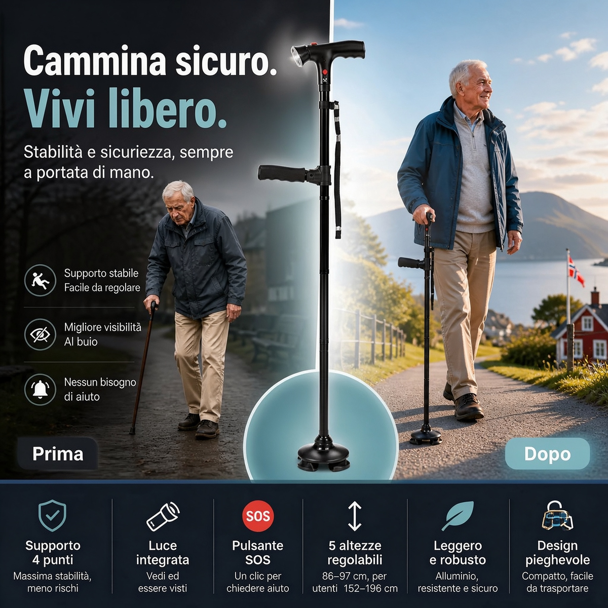 🦯 Bastone multifunzione pieghevole per anziani in alluminio, con luce LED, pulsante di allarme e base a 4 punti. Altezza regolabile (33,9–38 pollici), per passeggiate ed escursioni! 🔦🚨