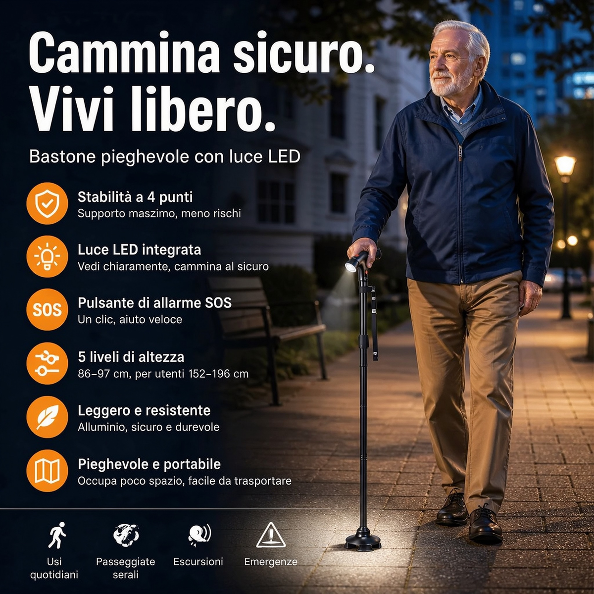 🦯 Bastone multifunzione pieghevole per anziani in alluminio, con luce LED, pulsante di allarme e base a 4 punti. Altezza regolabile (33,9–38 pollici), per passeggiate ed escursioni! 🔦🚨