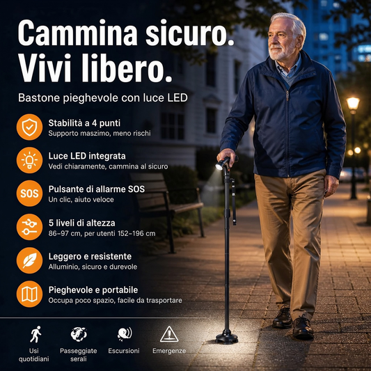 🦯 Bastone multifunzione pieghevole per anziani in alluminio, con luce LED, pulsante di allarme e base a 4 punti. Altezza regolabile (33,9–38 pollici), per passeggiate ed escursioni! 🔦🚨