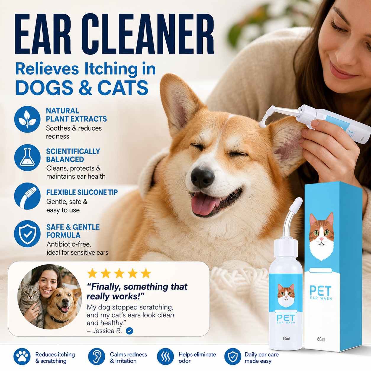 🐶🐱 Soluzione Detergente Auricolare per Cani e Gatti 🌿✨ - Estratti Naturali | Allevia il Prurito | Formula Delicata per Orecchie Sensibili