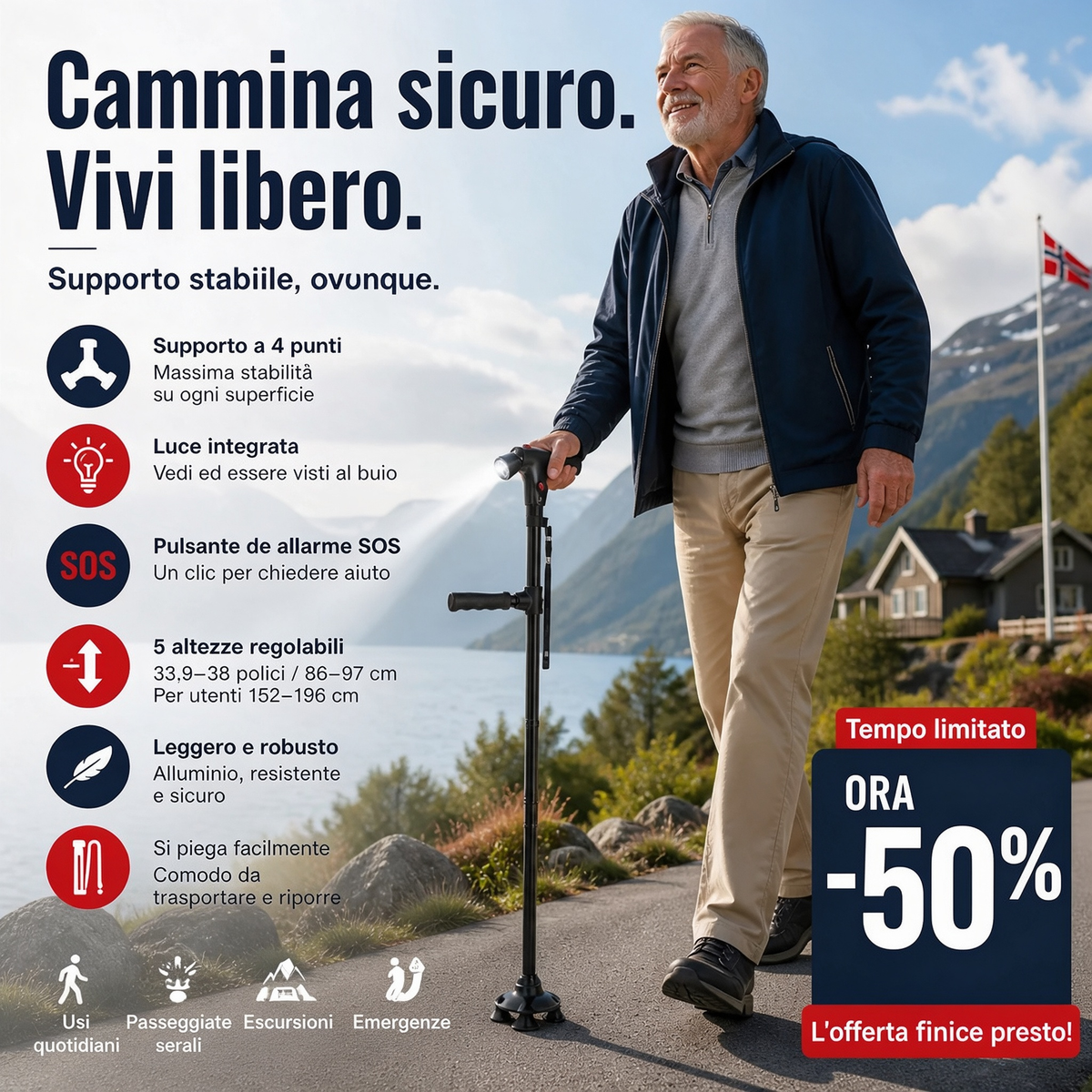 🦯 Bastone multifunzione pieghevole per anziani in alluminio, con luce LED, pulsante di allarme e base a 4 punti. Altezza regolabile (33,9–38 pollici), per passeggiate ed escursioni! 🔦🚨