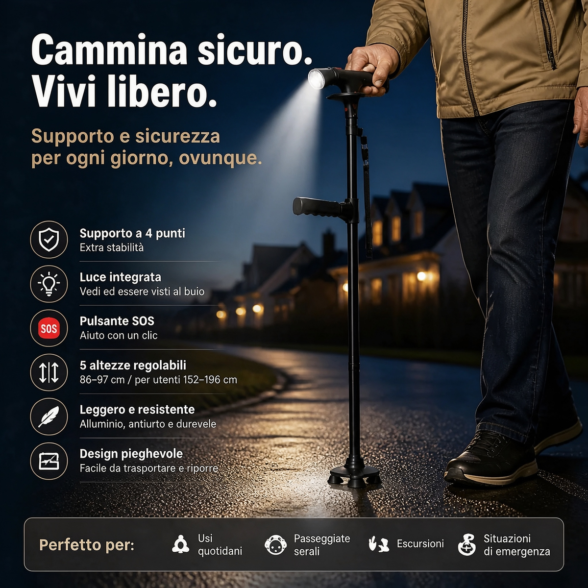 🦯 Bastone multifunzione pieghevole per anziani in alluminio, con luce LED, pulsante di allarme e base a 4 punti. Altezza regolabile (33,9–38 pollici), per passeggiate ed escursioni! 🔦🚨