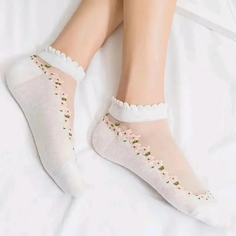 🌺Calzini alla caviglia da donna in pizzo floreale – Primavera/Estate