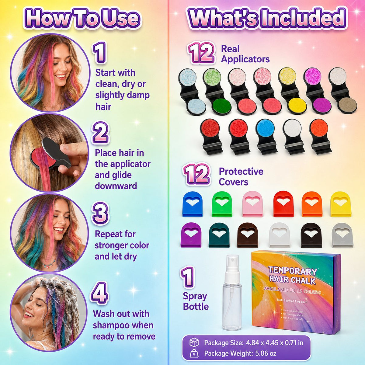 🌈 Set di gessetti colorati temporanei per capelli – 12 colori, facile applicazione a clip, si lava con lo shampoo. Perfetto per feste e cosplay! ✨🎉