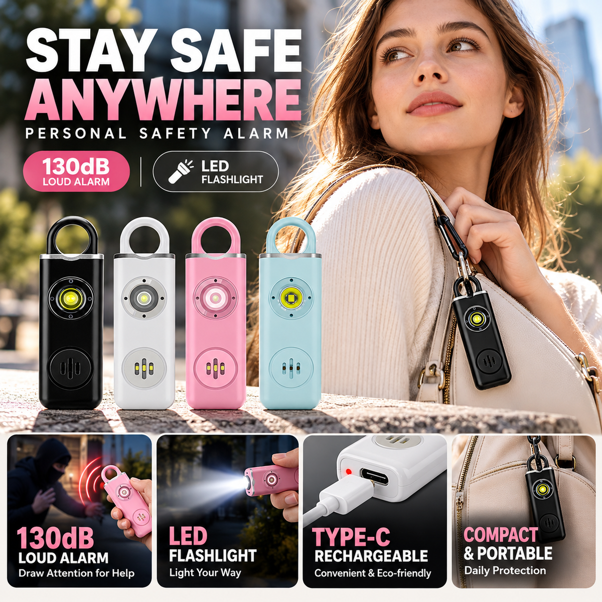 🚨Allarme personale di sicurezza ricaricabile Type-C✨130dB suono forte + torcia LED e luce stroboscopica SOS. Piccolo e portatile, avviso batteria scarica, antiurto. Perfetto per donne, bambini e anziani per emergenze✅