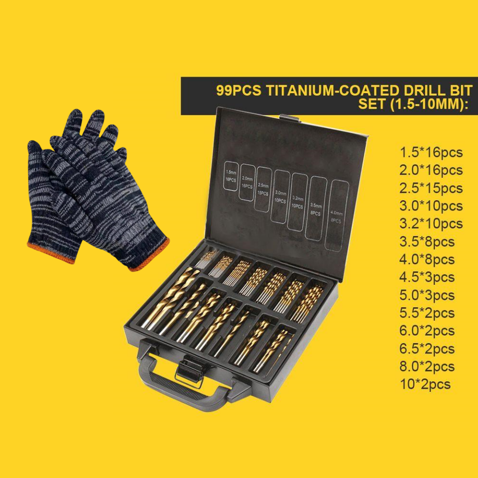 🔧🔥 Sconto del 50% per un periodo limitato! Non bruciate più le vostre punte da trapano come fossero falò! Questo set di 99 punte da trapano in acciaio rapido al titanio presenta un design a doppia scanalatura a U per rimuovere tutti i trucioli.