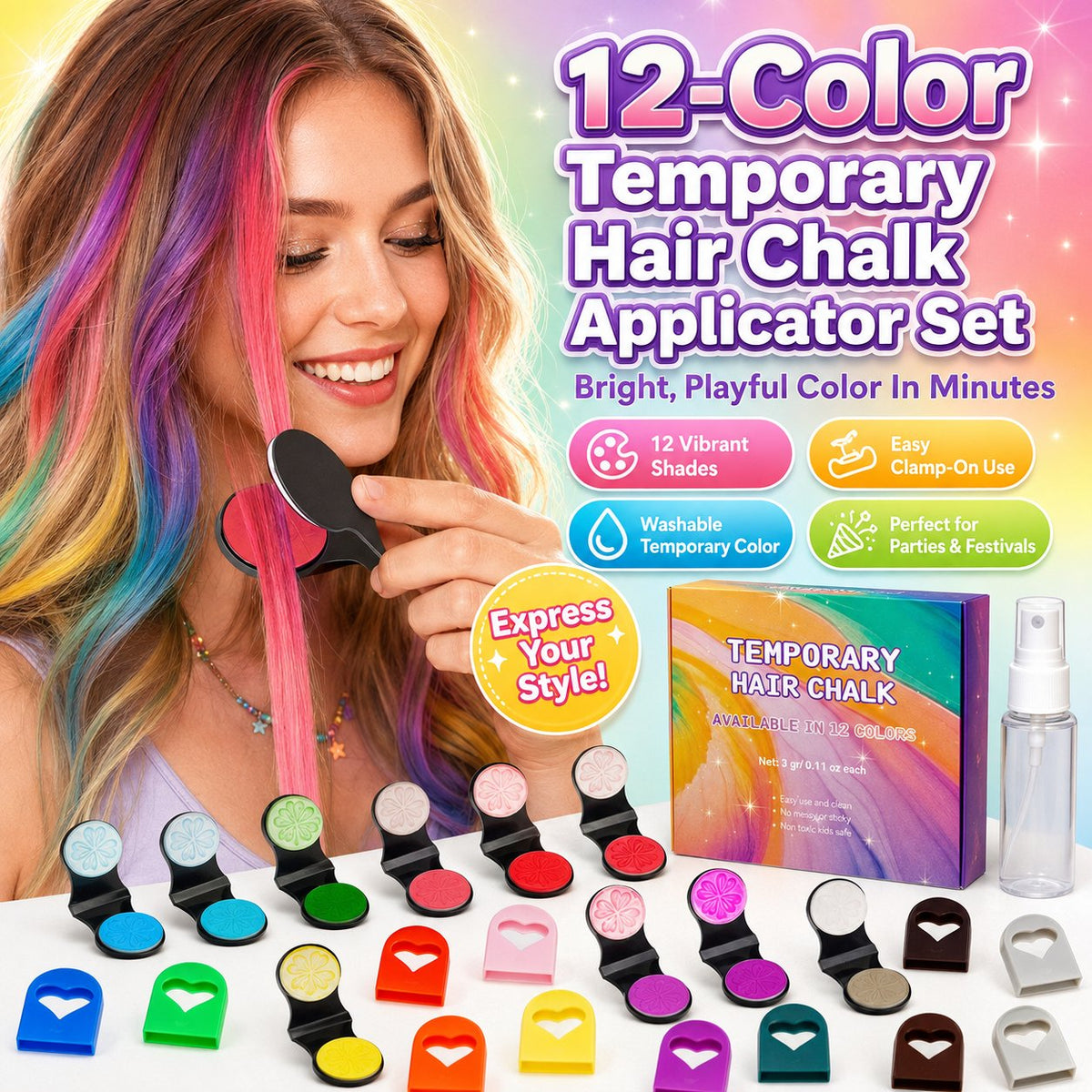 🌈 Set di gessetti colorati temporanei per capelli – 12 colori, facile applicazione a clip, si lava con lo shampoo. Perfetto per feste e cosplay! ✨🎉