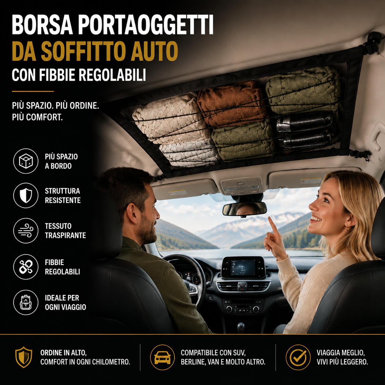 Borsa Portaoggetti da Soffitto Auto con Fibbie Regolabili