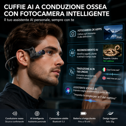 🥳2026 NUOVO ARRIVO🥳💞50K+ VENDUTI!🔥50% DI SCONTO! Cuffie AI a Conduzione Ossea con Fotocamera 2K 60FPS – Traduzione 160 Lingue, Assistente Vocale AI, Bluetooth 5.3, Leggero 32g 🎧✨