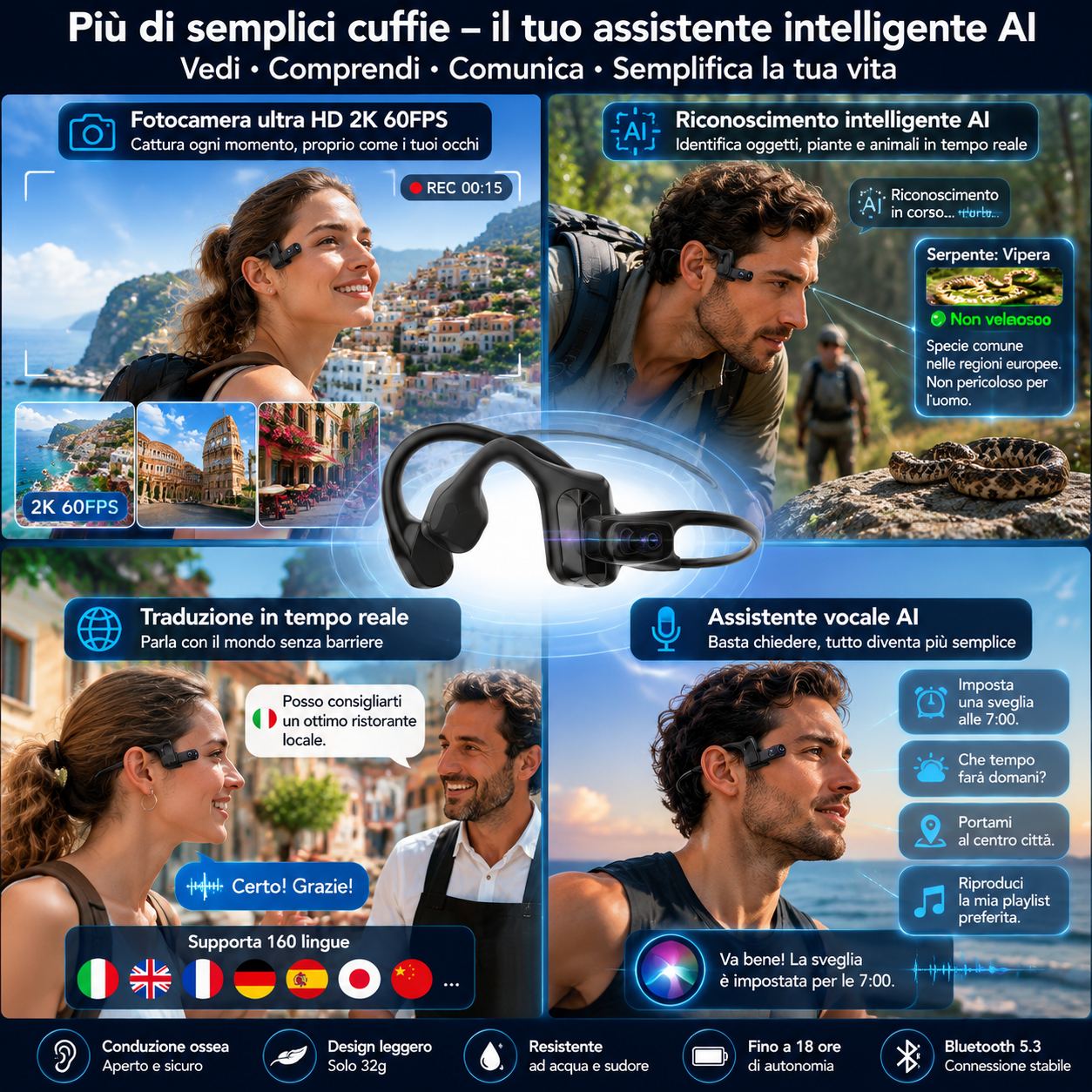 🥳2026 NUOVO ARRIVO🥳💞50K+ VENDUTI!🔥50% DI SCONTO! Cuffie AI a Conduzione Ossea con Fotocamera 2K 60FPS – Traduzione 160 Lingue, Assistente Vocale AI, Bluetooth 5.3, Leggero 32g 🎧✨