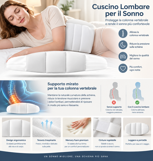 🛏️ Cuscino ergonomico di supporto lombare – supporto a 360°, design avvolgente, per un sonno ristoratore 💤✨