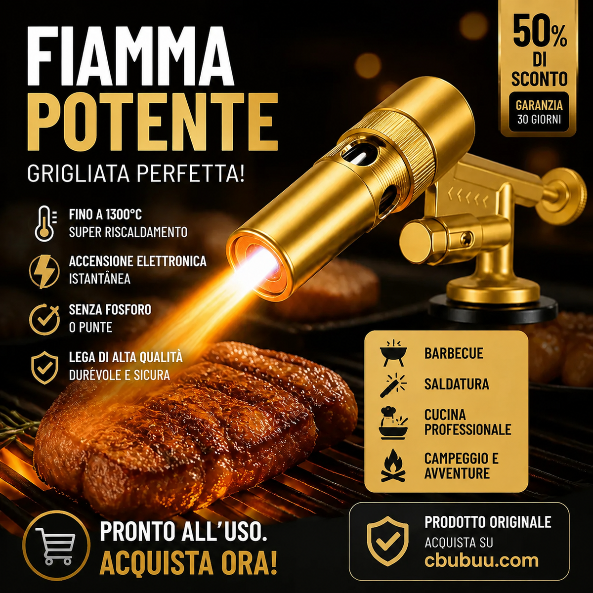 🔥⚡ Torcia a butano – 1300°C, invertibile, accensione elettronica – potente per ogni attività! ✨