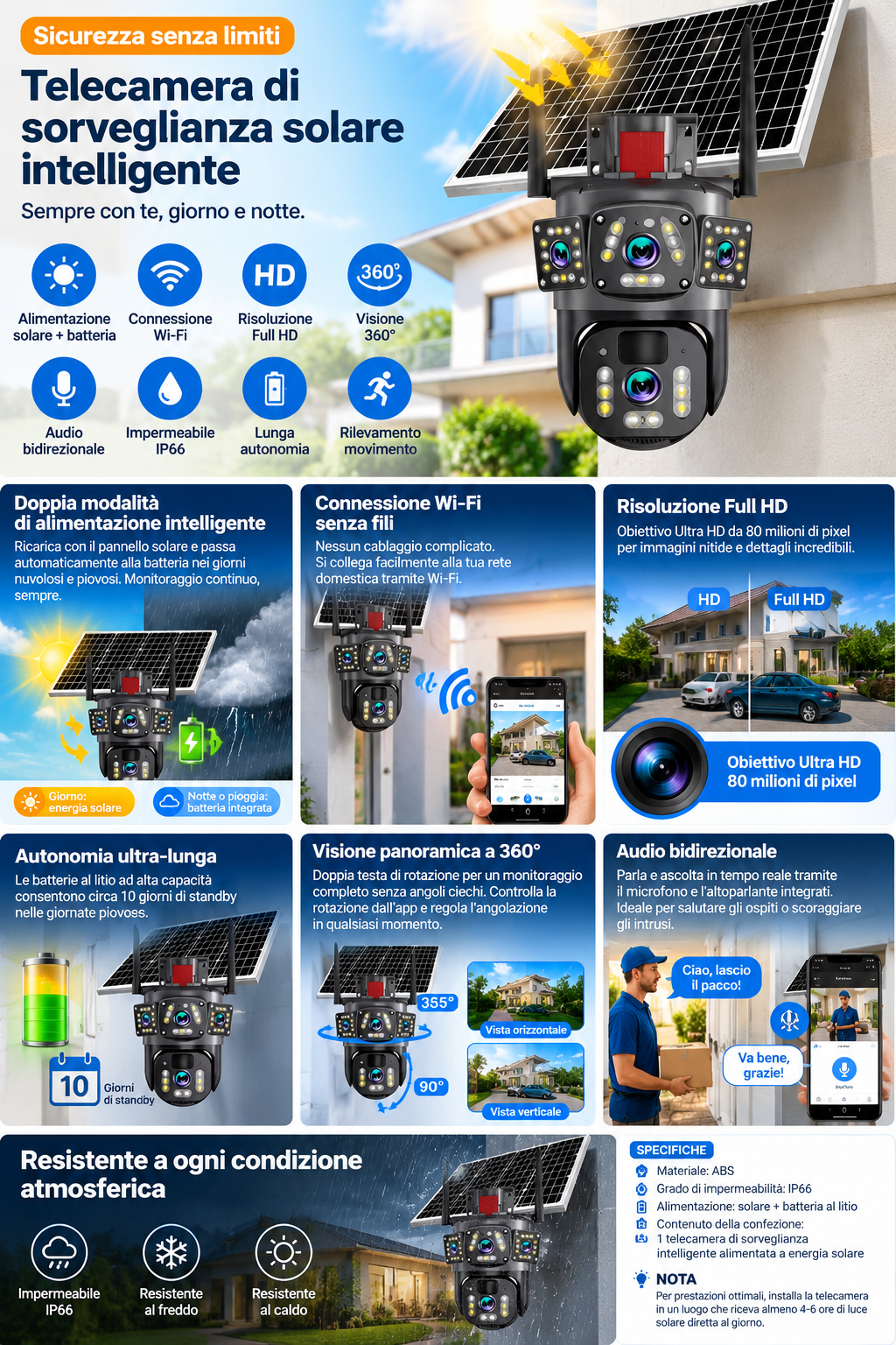 ⏳Offerta a tempo⏰📷 Telecamera di sicurezza Wi‑Fi solare da esterno 6K 9MP｜3 obiettivi, PTZ 360°, IP66 impermeabile, visione notturna a colori, audio bidirezionale, rilevamento movimento✨