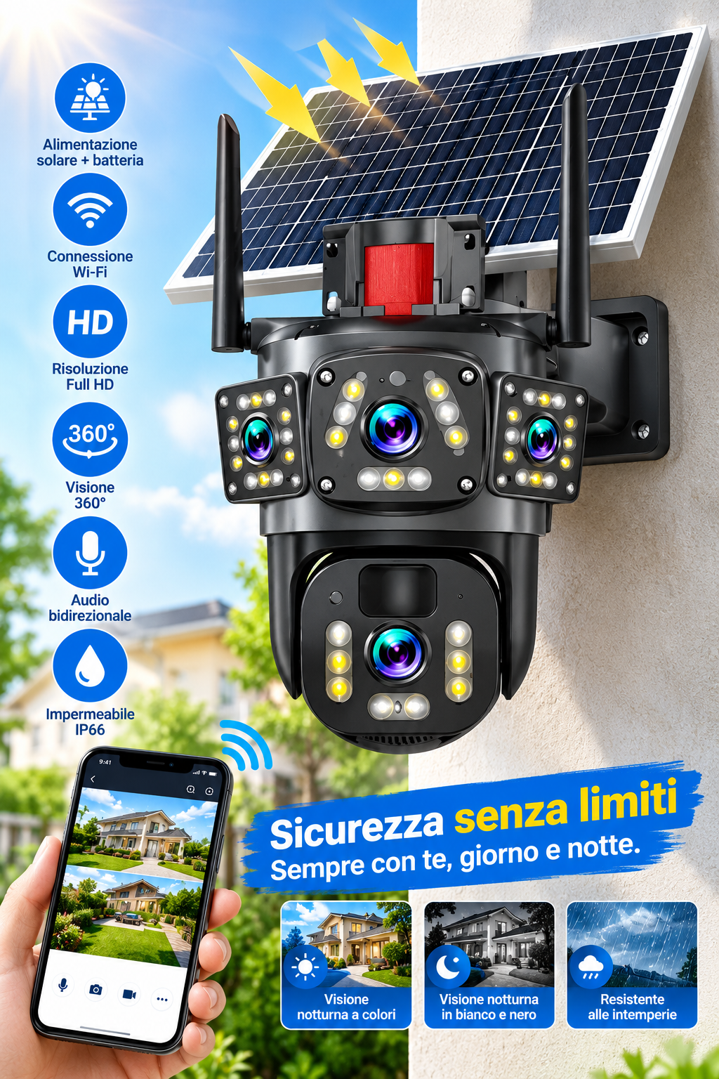 ⏳Offerta a tempo⏰📷 Telecamera di sicurezza Wi‑Fi solare da esterno 6K 9MP｜3 obiettivi, PTZ 360°, IP66 impermeabile, visione notturna a colori, audio bidirezionale, rilevamento movimento✨