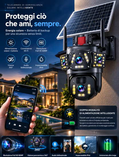 ⏳Offerta a tempo⏰📷 Telecamera di sicurezza Wi‑Fi solare da esterno 6K 9MP｜3 obiettivi, PTZ 360°, IP66 impermeabile, visione notturna a colori, audio bidirezionale, rilevamento movimento✨