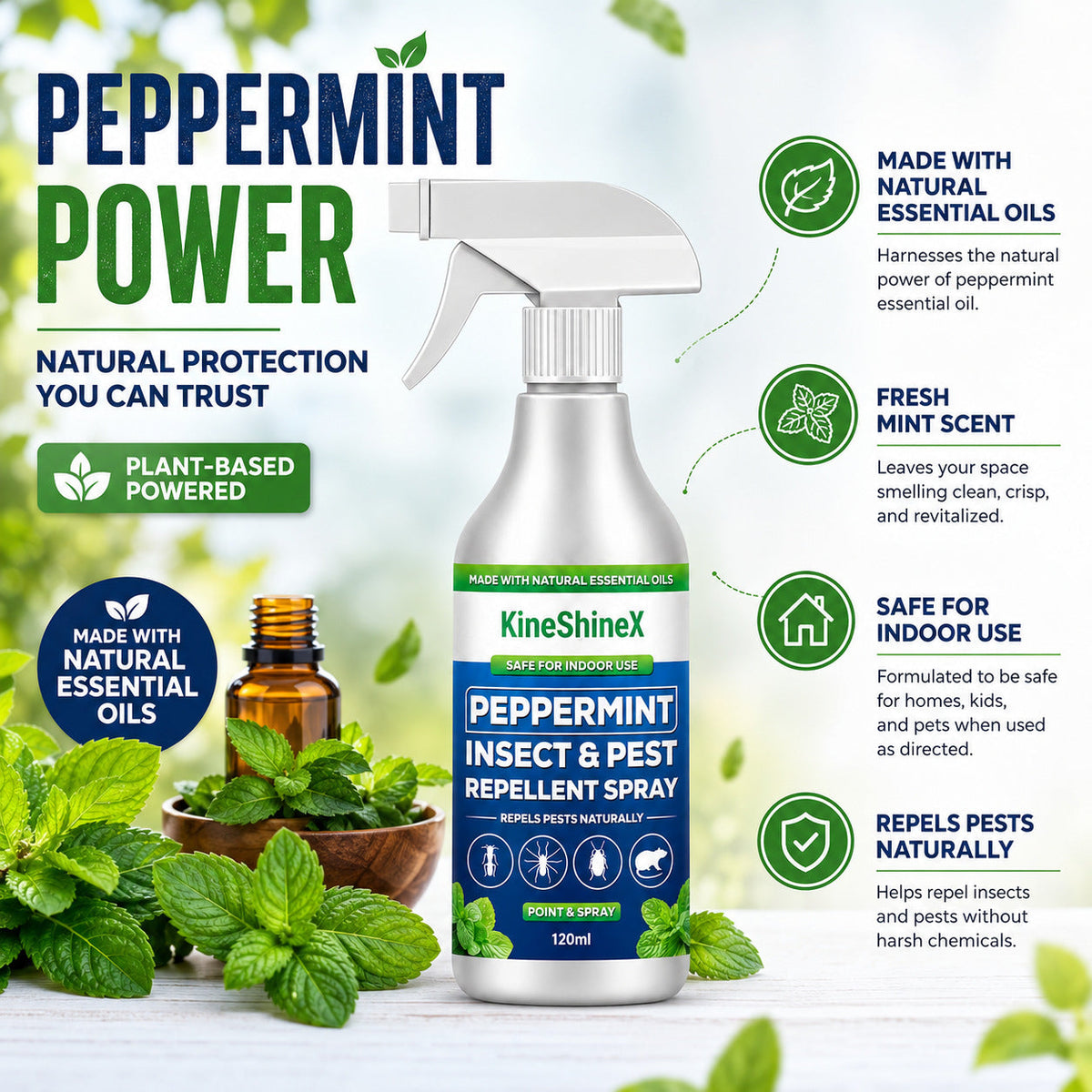 🗑️Spray Repellente per Insetti all'Olio di Menta Piperita Naturale – Massima Efficacia – Formula Profumata Sicura per Casa e Giardino
