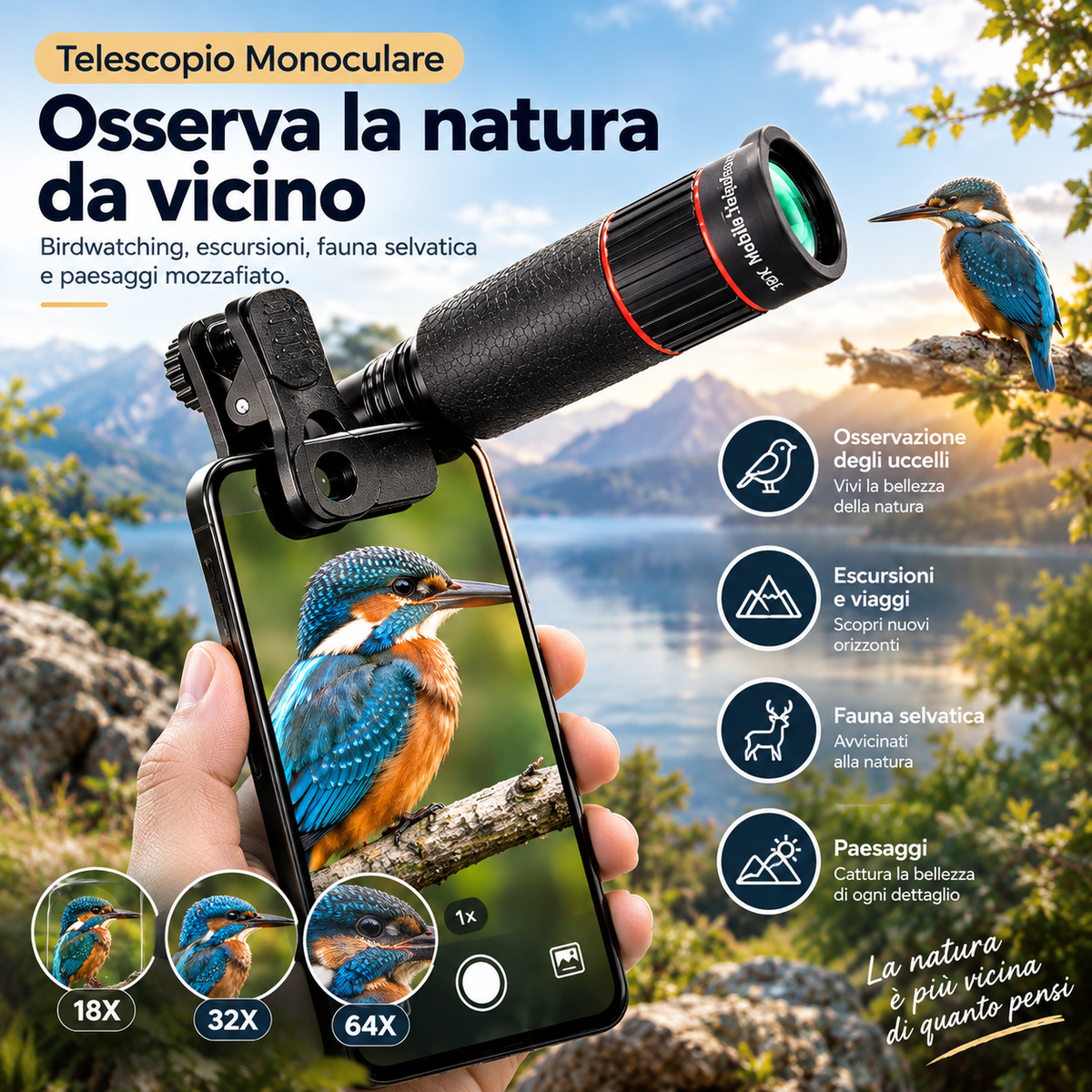 🔭✨ Telescopio monoculare per smartphone – Dì Addio alle foto sfocate di oggetti lontani! 🚫 18/32/64X HD, clip universale, ideale concerti e birdwatching 📱