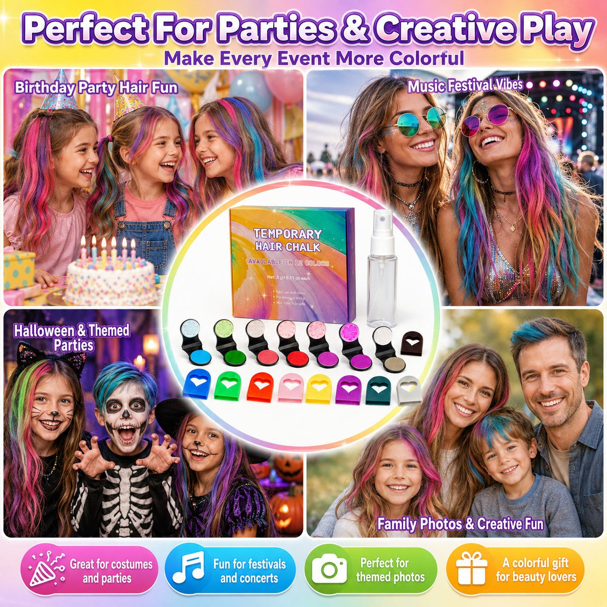 🌈 Set di gessetti colorati temporanei per capelli – 12 colori, facile applicazione a clip, si lava con lo shampoo. Perfetto per feste e cosplay! ✨🎉