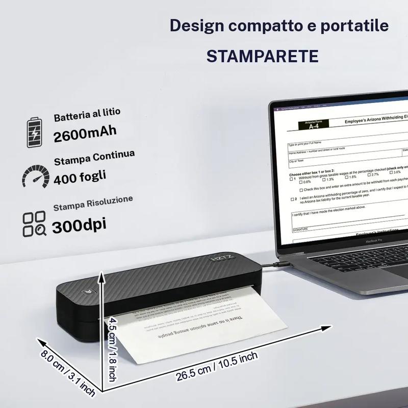 📢🔥2026 Uutuudet - 50% alennus!🏆Stampante portatile A4, 1 set di stampante fotografica wireless ricaricabile tramite USB, stampante da viaggio compatibile con Bluetooth per sistemi Windows, accessori per ufficio