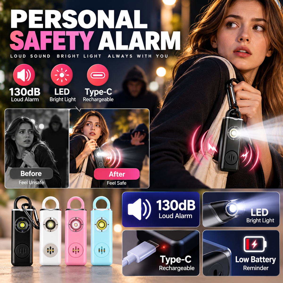 🚨Allarme personale di sicurezza ricaricabile Type-C✨130dB suono forte + torcia LED e luce stroboscopica SOS. Piccolo e portatile, avviso batteria scarica, antiurto. Perfetto per donne, bambini e anziani per emergenze✅