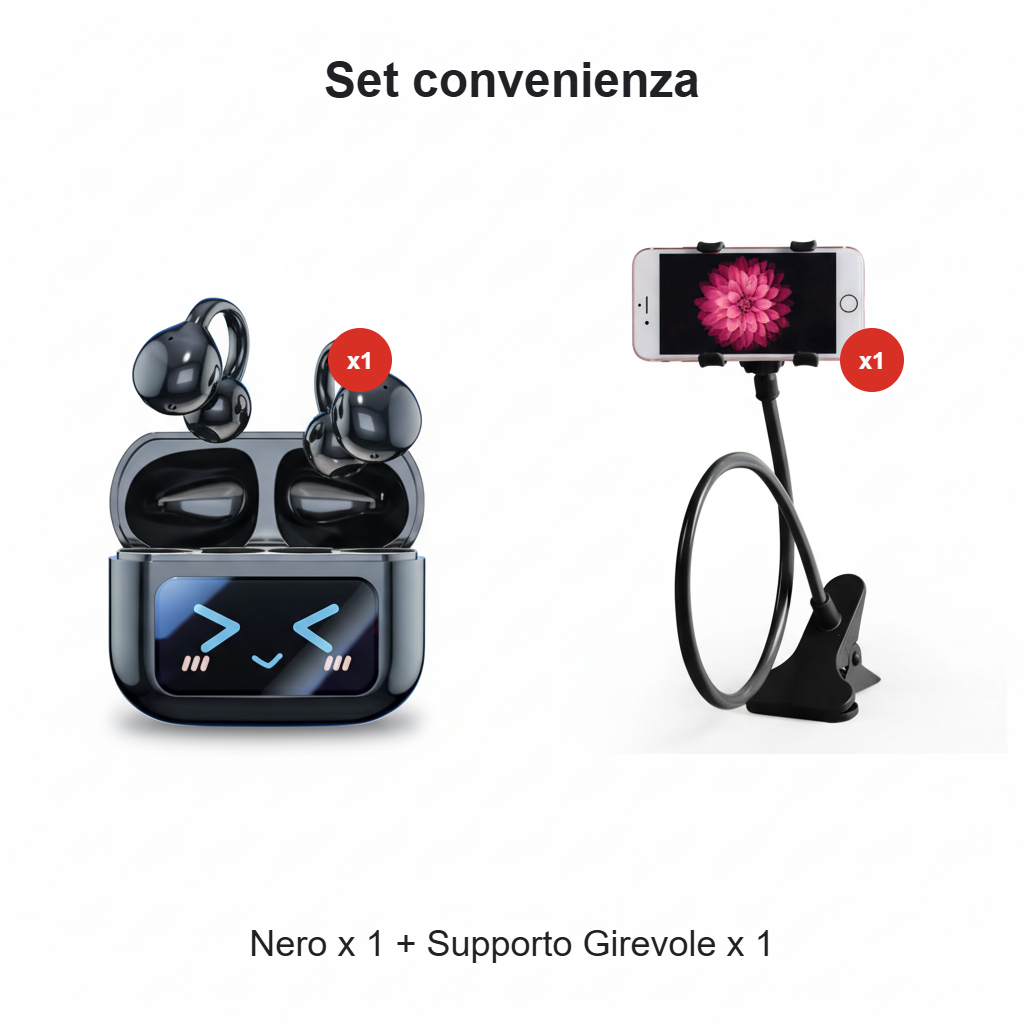 Auricolari clip-on con schermo a colori, supportano 134 lingue, Bluetooth V6.0, sono impermeabili, hanno un design ergonomico e offrono fino a 40 ore di autonomia
