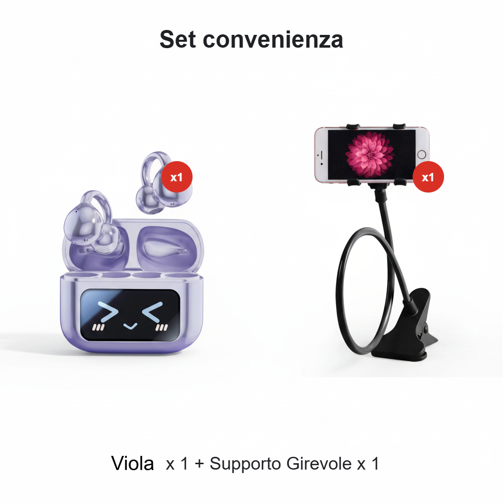 Auricolari clip-on con schermo a colori, supportano 134 lingue, Bluetooth V6.0, sono impermeabili, hanno un design ergonomico e offrono fino a 40 ore di autonomia