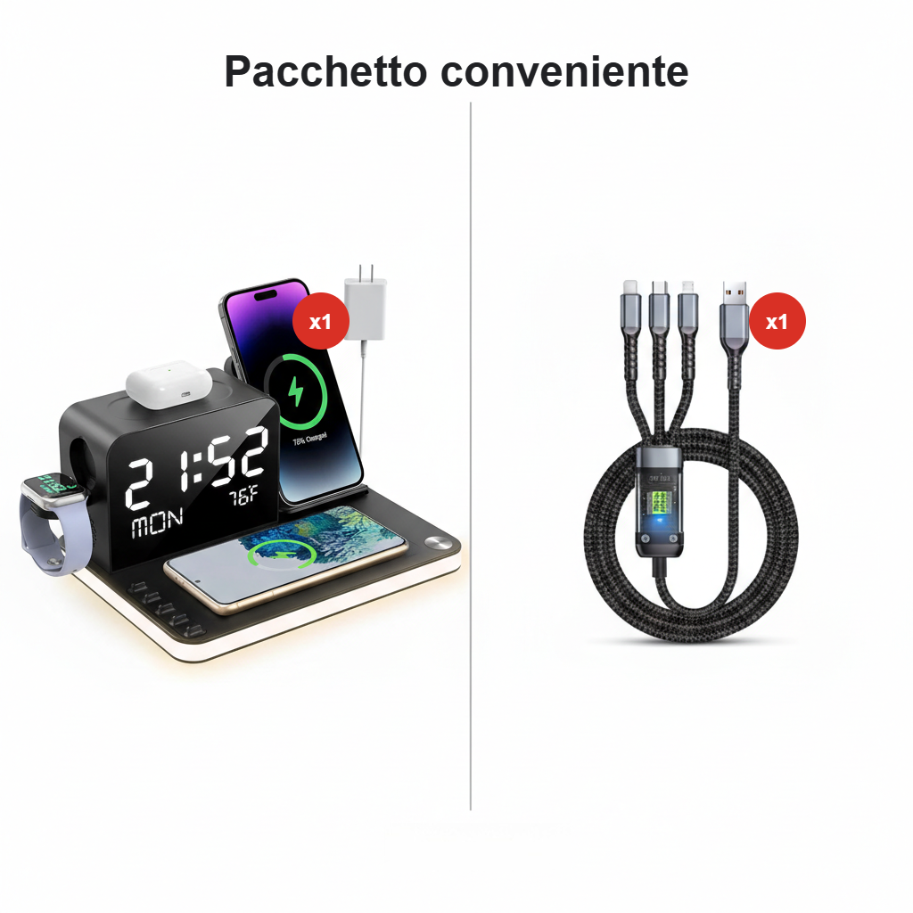 Stazione di ricarica 7-in-1 – Ricarica wireless, sincronizzazione Bluetooth & ricarica rapida 30W