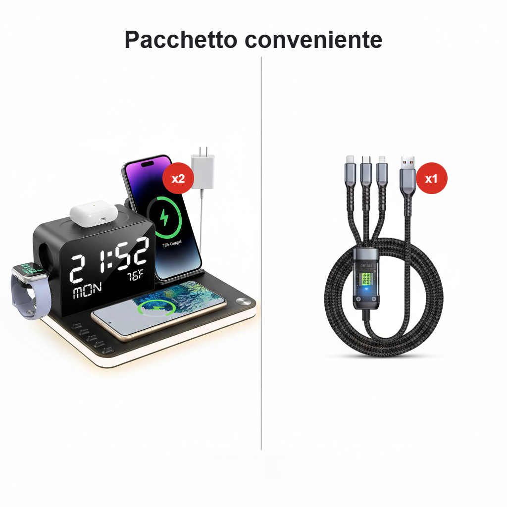 Stazione di ricarica 7-in-1 – Ricarica wireless, sincronizzazione Bluetooth & ricarica rapida 30W