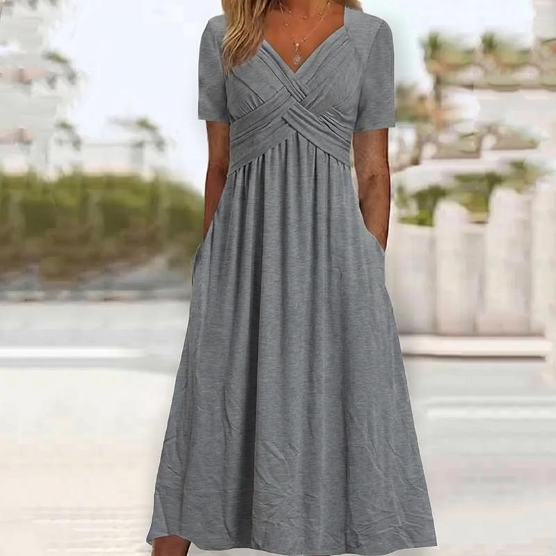 Abito lungo da donna con scollo a V e maniche corte