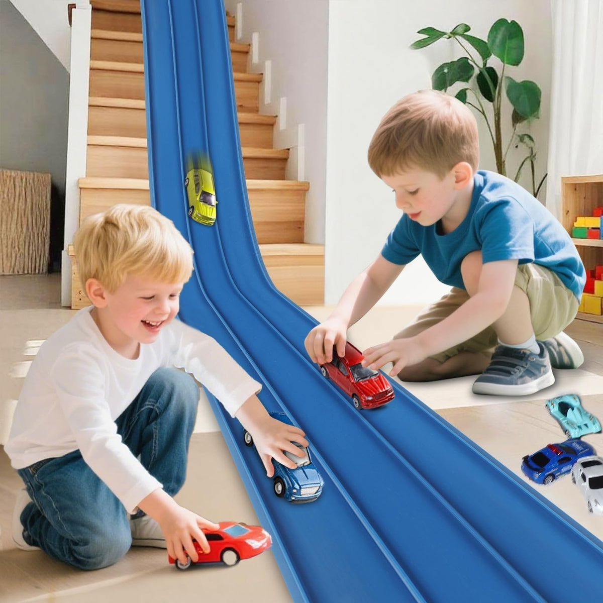 🏎️✨ Set pista da corsa flessibile per bambini – Dì Addio ai percorsi rigidi e monotoni! 🚫 Senza attrezzi, si attacca con ventose, arrotolabile per riporre, con macchinine in lega 🧸