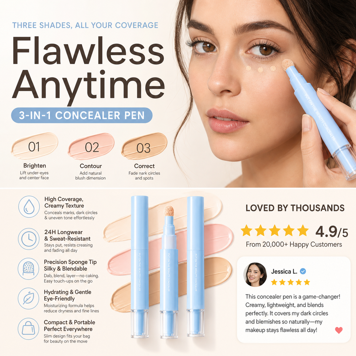 🥳2026 BESTSELLER✨Penna Correttore Liquido Idratante Multiuso💄Punta fine per applicazione precisa, copertura alta per occhiaie, macchie e discromie.Compatta e portatile, perfetta per ritocchi veloci ogni giorno, adatta anche a pelli sensibili✨