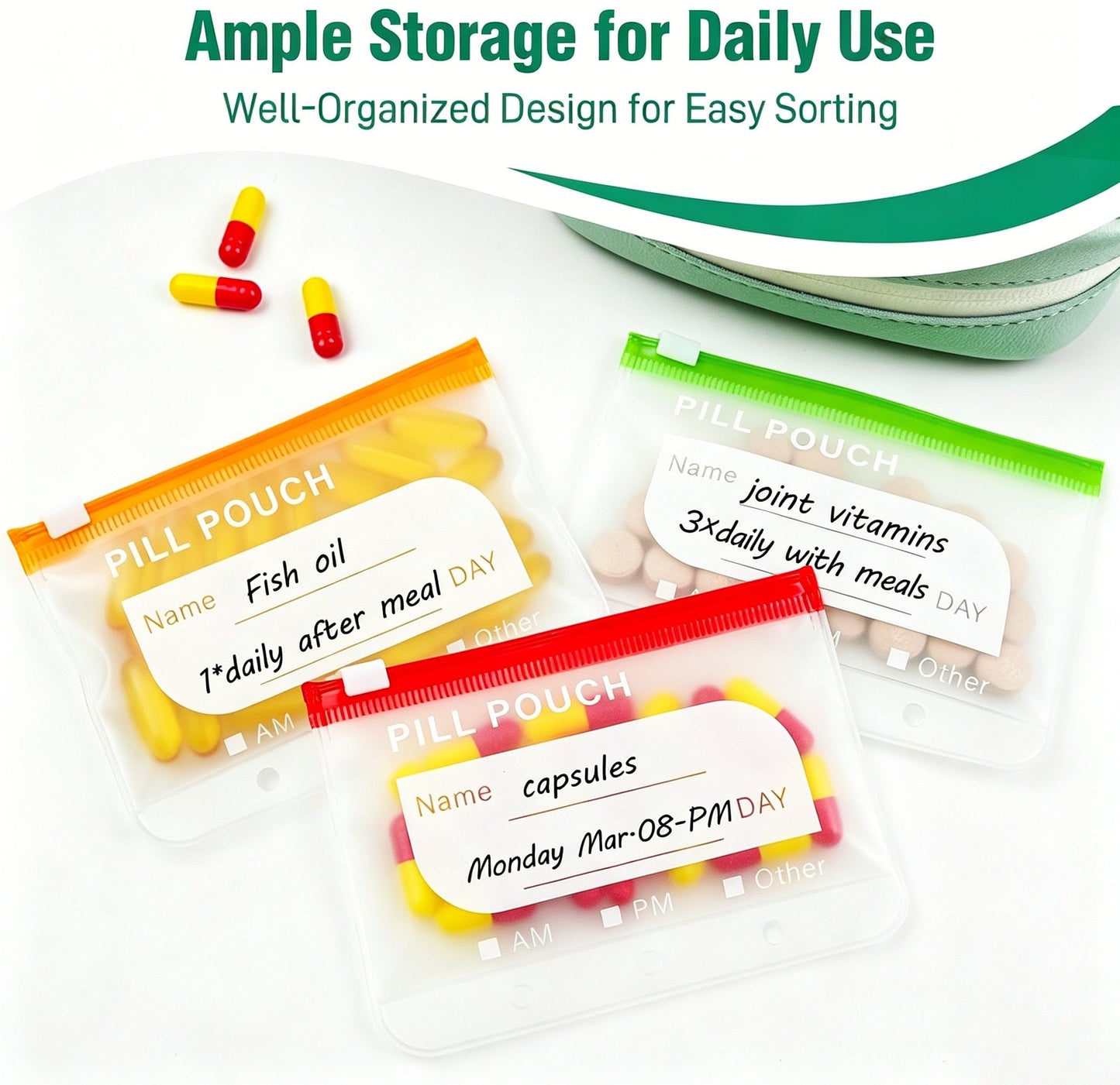 💊 A8 Organizer Impermeabile 14 Bustine Portapillole Codificate a Colori – Custodia da Viaggio Settimanale in Stile Raccoglitore per Pillole, Vitamine e Integratori💊