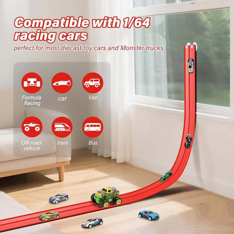 🏎️✨ Set pista da corsa flessibile per bambini – Dì Addio ai percorsi rigidi e monotoni! 🚫 Senza attrezzi, si attacca con ventose, arrotolabile per riporre, con macchinine in lega 🧸