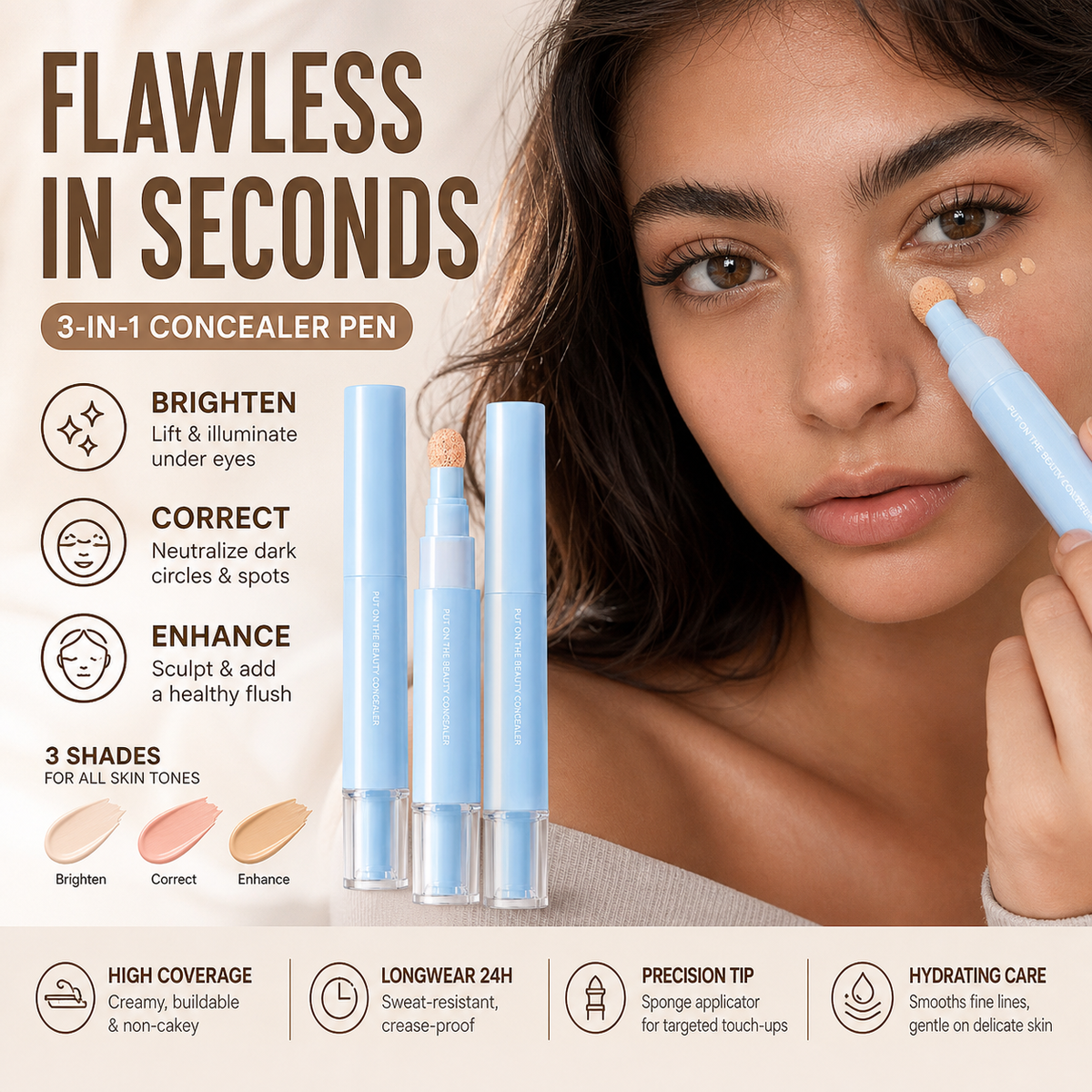 🥳2026 BESTSELLER✨Penna Correttore Liquido Idratante Multiuso💄Punta fine per applicazione precisa, copertura alta per occhiaie, macchie e discromie.Compatta e portatile, perfetta per ritocchi veloci ogni giorno, adatta anche a pelli sensibili✨