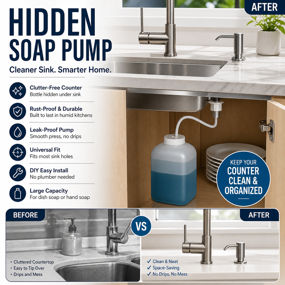 ⏰SCONTO DEL 50% A TEMPO LIMITATO! 🧼🚰 Basta cercare quella scomoda bottiglia di sapone: questo dispenser integrato eroga il sapone quando serve, senza ingombro né fuoriuscite. 🍽️