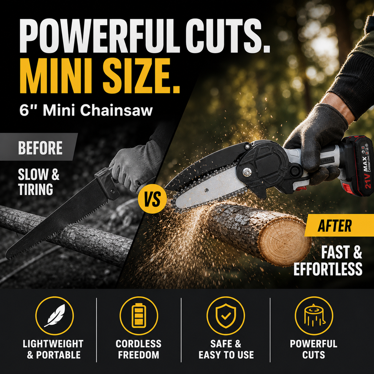 🌲🔋 50% KORTING! Zaag door 30cm dikke stammen met deze 6-inch mini-kettingzaag – 2 accu's, 2580W vermogen, borstelloze motor, automatische kettingsmering. Licht, sterk en snoerloos!