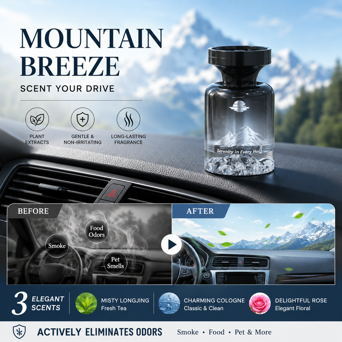 🔥 Offerta Limitata: Profumatore per Auto Design Montagna 110ml – Estratti Naturali, Elimina Odori e Fragranza a Lunga Durata. 3 Profumazioni Premium: Longjing, Colonia e Rosa. Ideale per Ogni Veicolo.