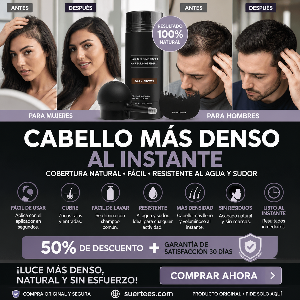 💇 Kit di fibre per infoltire i capelli, appositamente studiato per capelli diradati e zone calve – disponibile in 5 colori, impermeabile e resistente al sudore, per un look naturale immediato. Importato dalla Spagna ✨
