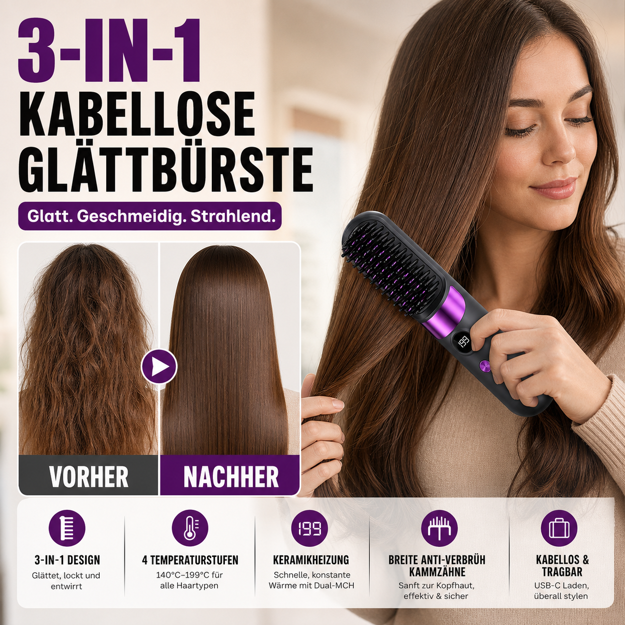 💇‍♀️🔥 Spazzola Lisciante 3-in-1 Senza Fili – liscia, arriccia, districca – USB-C, 4 livelli – capelli perfetti ovunque! ✨