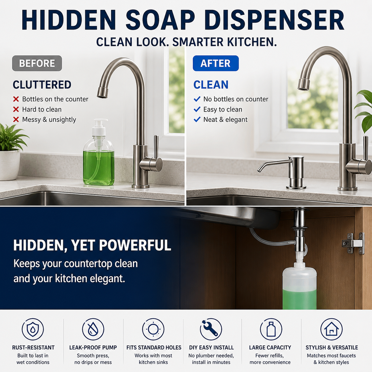 ⏰SCONTO DEL 50% A TEMPO LIMITATO! 🧼🚰 Basta cercare quella scomoda bottiglia di sapone: questo dispenser integrato eroga il sapone quando serve, senza ingombro né fuoriuscite. 🍽️
