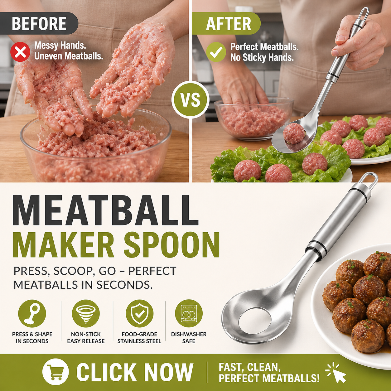 🥟 50% di sconto. Cucchiaio per polpette – antiaderente, raccoglie e scola in un solo movimento. Cucina senza sporcare e risparmia tempo! ✨🍳