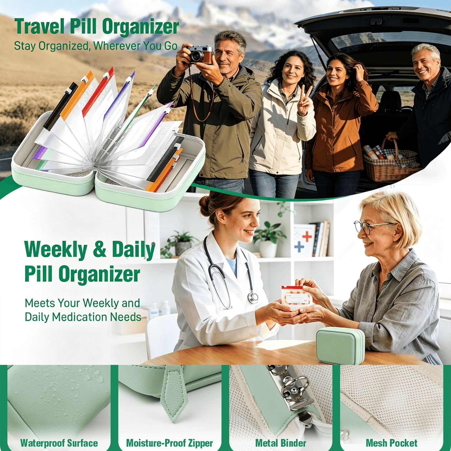 💊 A8 Organizer Impermeabile 14 Bustine Portapillole Codificate a Colori – Custodia da Viaggio Settimanale in Stile Raccoglitore per Pillole, Vitamine e Integratori💊