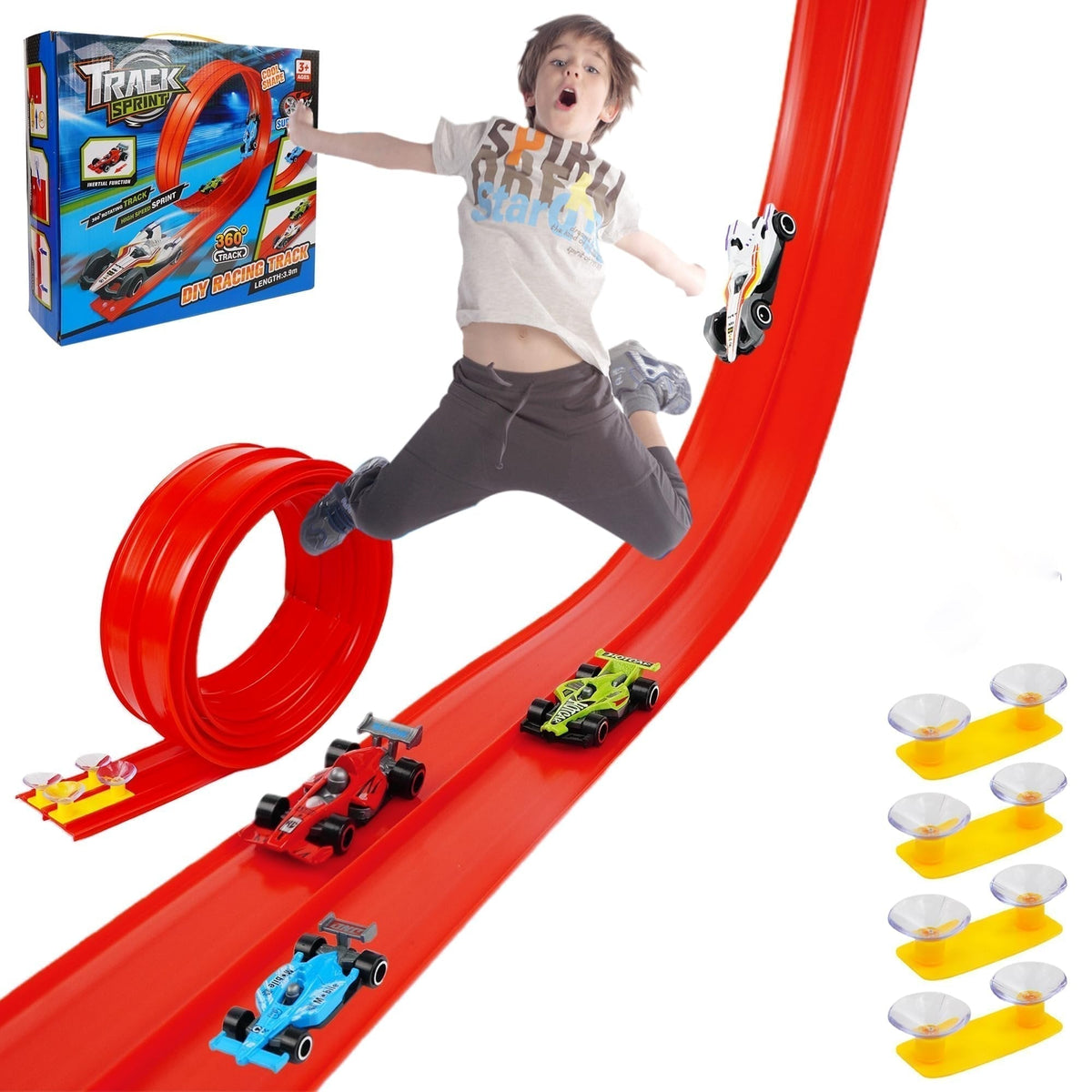 🏎️✨ Set pista da corsa flessibile per bambini – Dì Addio ai percorsi rigidi e monotoni! 🚫 Senza attrezzi, si attacca con ventose, arrotolabile per riporre, con macchinine in lega 🧸