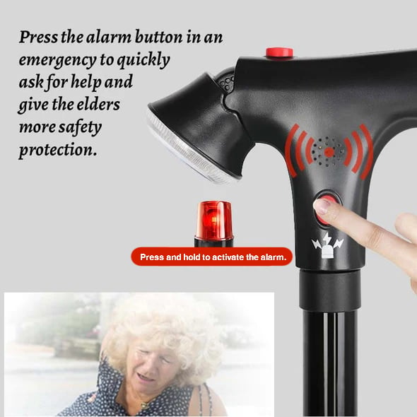 🦯 Bastone multifunzione pieghevole per anziani in alluminio, con luce LED, pulsante di allarme e base a 4 punti. Altezza regolabile (33,9–38 pollici), per passeggiate ed escursioni! 🔦🚨