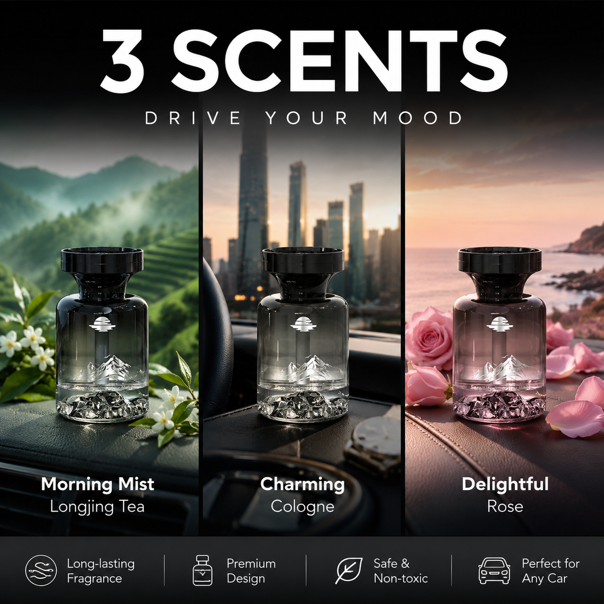 🔥 Offerta Limitata: Profumatore per Auto Design Montagna 110ml – Estratti Naturali, Elimina Odori e Fragranza a Lunga Durata. 3 Profumazioni Premium: Longjing, Colonia e Rosa. Ideale per Ogni Veicolo.