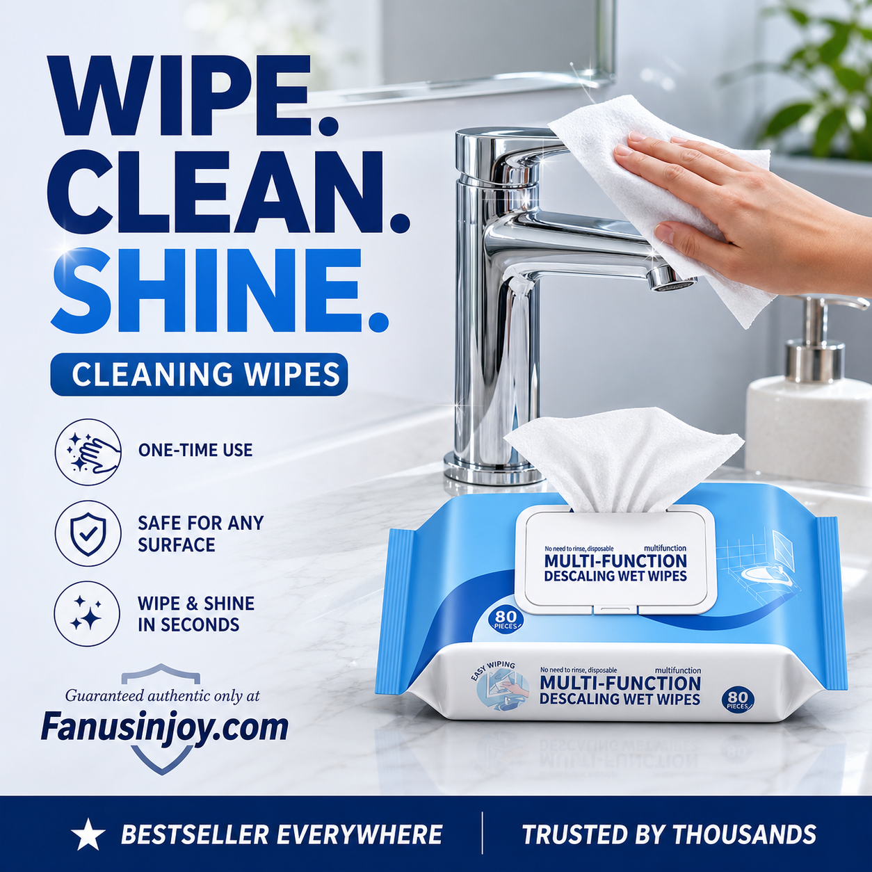 🧻 BUY 3 GET 2 FREE! Multi-Function Bathroom Descaling Cleaning Wipes – Instant Shine Disposable Limescale Remover Wipes, All-Surface Safe for Faucets, Glass, Tile & Bathroom Fixtures