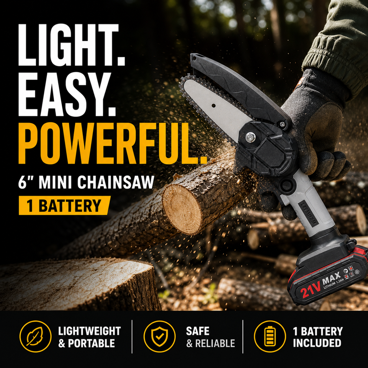 🌲🔋 50% KORTING! Zaag door 30cm dikke stammen met deze 6-inch mini-kettingzaag – 2 accu's, 2580W vermogen, borstelloze motor, automatische kettingsmering. Licht, sterk en snoerloos!